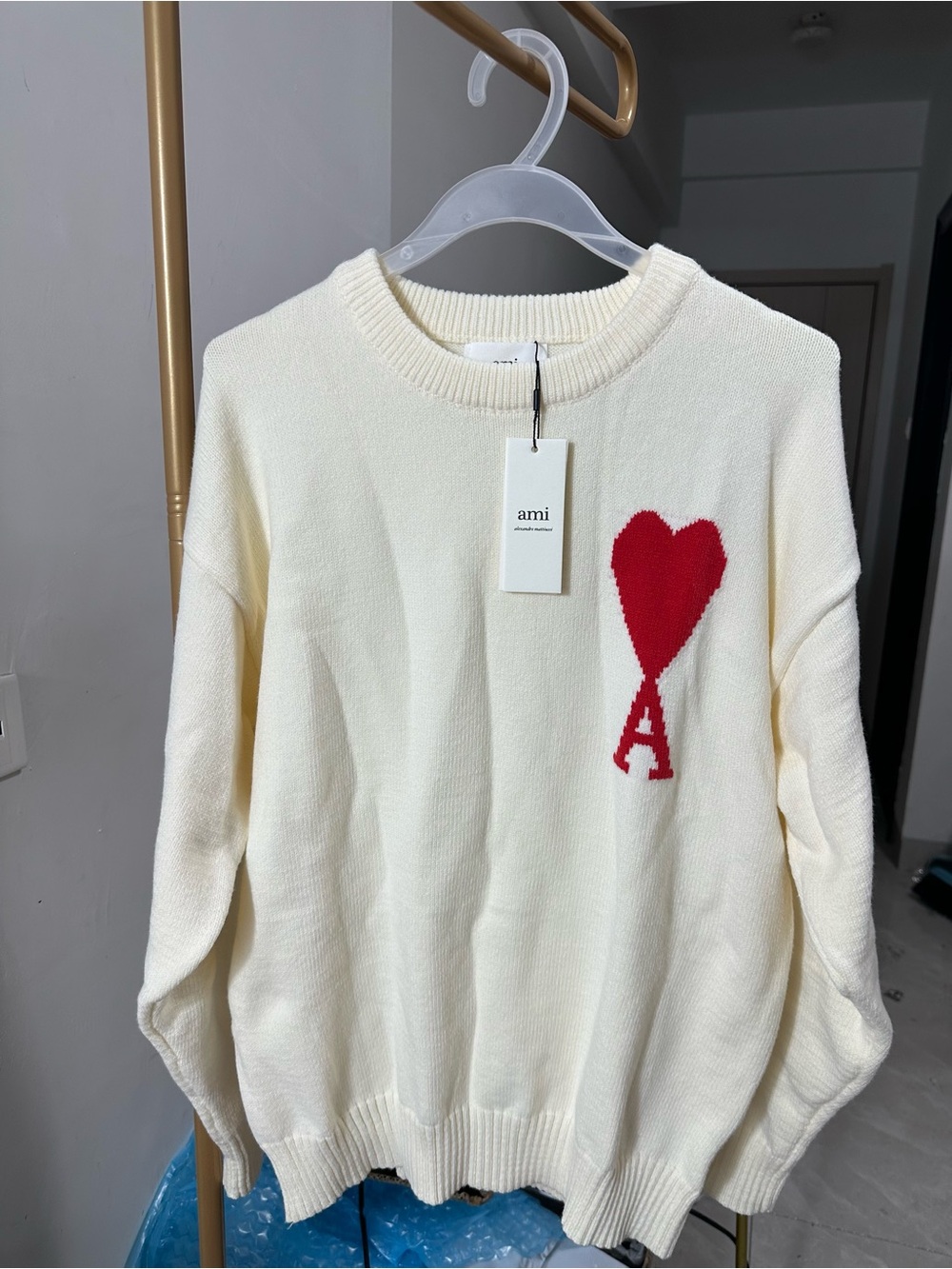 Ami Cream Crewneck Sweater with Red Heart 'A' Motif